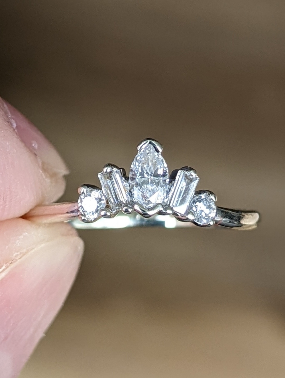 10K White Gold Marquise Baguette and Round Diamond Ring